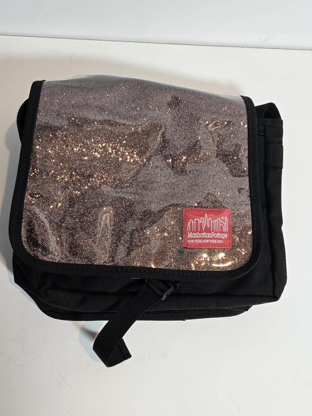Manhattan Portage Black Messenger Bag with Rose Gold Sequin Flap
